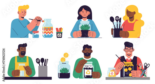 Diverse Individuals Engaging In Creative And Sustainable Activities In Vector Art Style