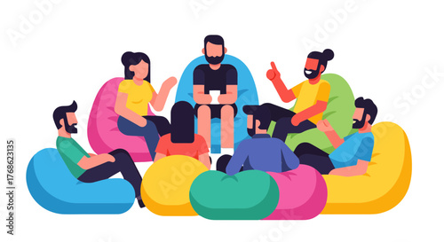 Diverse Group Sharing and Communication In Comfortable Setting With Beanbag Chairs