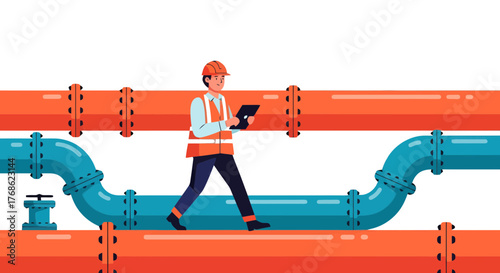 Engineer Inspecting Pipelines Carries a Tablet for Industrial Infrastructure Monitoring