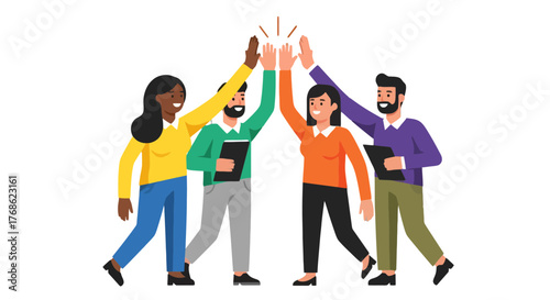 Diverse Team Celebrating Success With High Fives Vector Illustration On Black Background