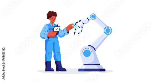 Engineer Inspecting Robotic Arm, Checking Parameters, Digital Interface, Automation Technology