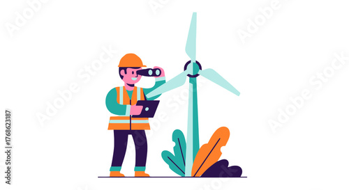 Engineer Inspecting Wind Turbine with Precision and Assessing Energy Potential for Sustainability