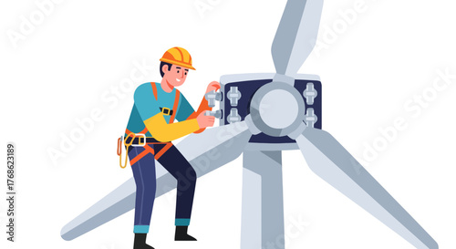 Engineer Inspecting Wind Turbine, Concept of Renewable Energy, Green Electricity Generation