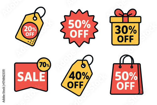 Set of six colorful icons depicting various discount and sale offers, including price tags and gift boxes, emphasizing percentages off and a shopping bag.