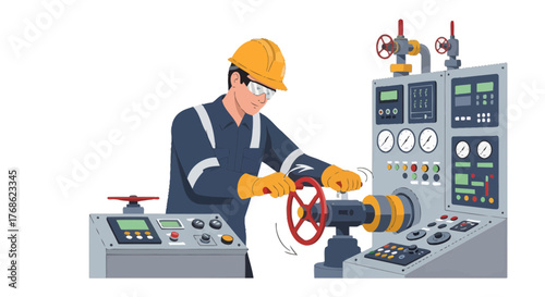 Engineer Operating Equipment on Industrial Panel in a Professional Manufacturing Environment