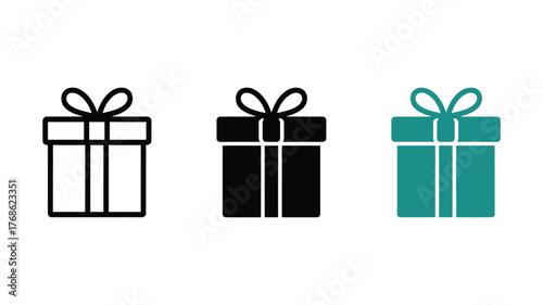 Three gift box icons are displayed in black and white, solid black, and teal.