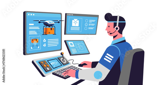 Drone Delivery Service Operator in Control Room Monitoring Package Transportation Safely