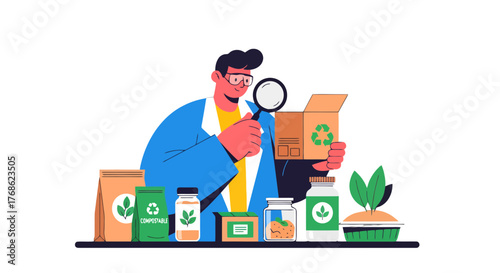 Eco Scientist Examining Recyclable Packaging And Supporting Environmental Sustainability Efforts