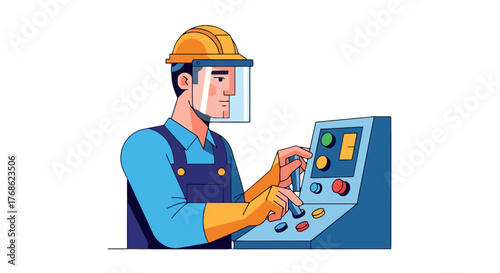 Engineer Working At The Control Panel With Safety Gear On Operating Machinery System