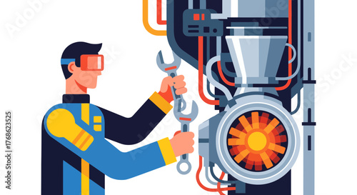 Engineer Working Inside Technological Machinery Repairing Complex System With Wrench