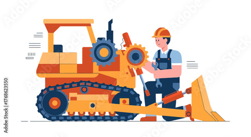 Engineer Working On Heavy Machinery With Black Background Vector Illustration