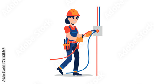 Engineer Working with Cables and Wiring, Electrical Expert in Protective Gear