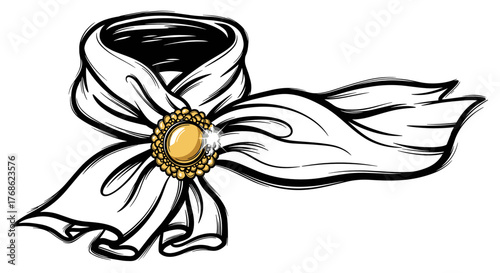 Cashmere scarf with gold brooch in elegant flat lay composition  