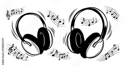 Headphones with musical notes in black and white drawing style  