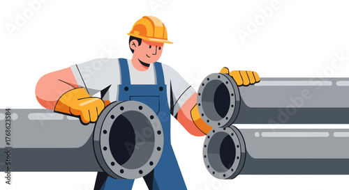 Engineer Working with Piping System Construction, Industrial and Production Concept.