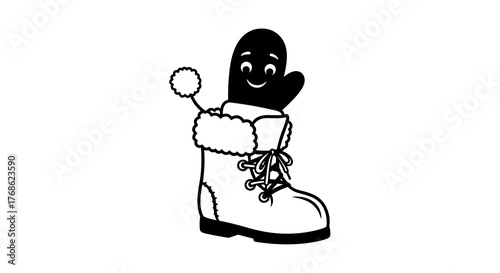 Cartoon mitten peeking out from a winter boot with a smile  