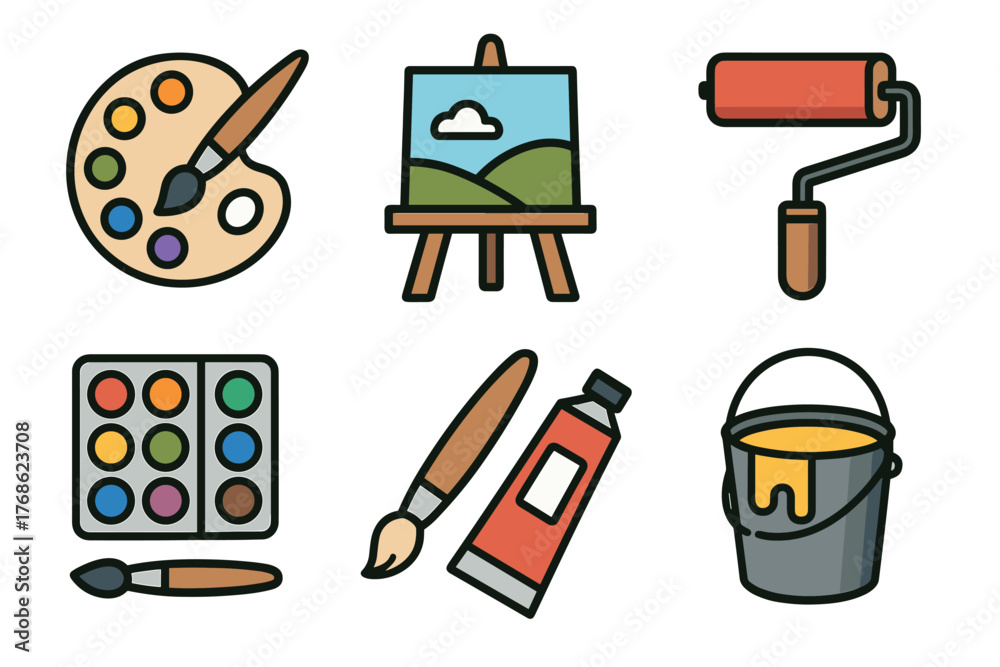 Colorful art supplies including a paint palette, easel with canvas, paint roller, watercolor set, paint tube with brush, and a bucket of yellow paint.