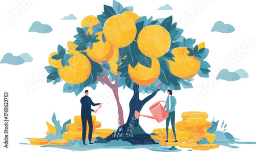 Two business people cultivate a money tree, one watering and the other pruning