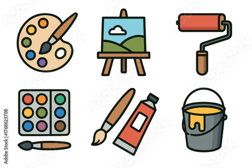 Colorful art supplies including a paint palette, easel with canvas, paint roller, watercolor set, paint tube with brush, and a bucket of yellow paint.