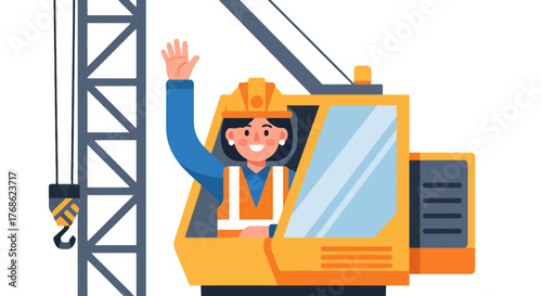 Enthusiastic Female Crane Operator Waving and Ready for Work in Construction