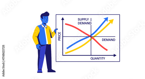 Economics Educator Demonstrating Supply And Demand Dynamics Using Colored Arrows And Graphs