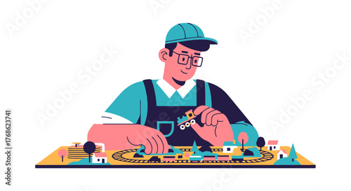 Enthusiastic Hobbyist Building A Miniature Railway System, Focused At Playtime