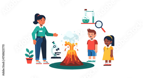 Educational Illustration Depicting Volcanic Eruption Demonstration for Students Learning
