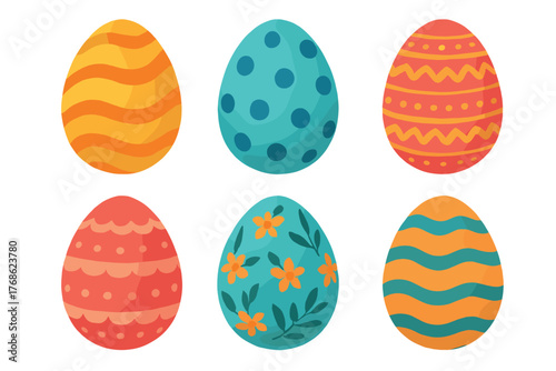 Six colorful easter eggs decorated with various patterns, including stripes, polka dots, and floral designs, arranged in two rows.