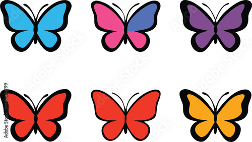 Six Colorful Butterflies on a White Background