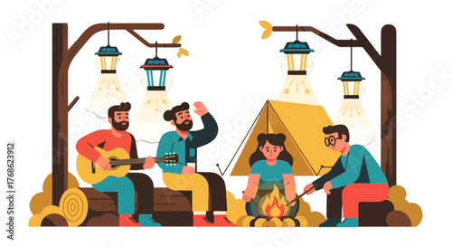 Evening Gathering: Friends Camping Together Under Lanterns Enjoying Music And Good Times