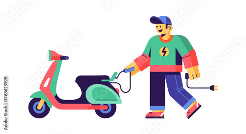 Electric Scooter and User Cartoon Modern Illustration with Energy and Innovation Concept.