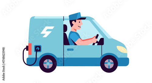 Electric Vehicle Delivery Driver Cartoon Illustration Demonstrating Clean Transportation on Black