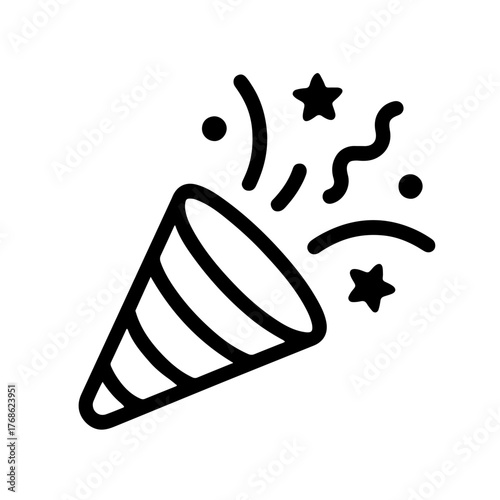 Party Popper Line Icon: Party popper with confetti, cheerful line icon for invites, social posts, event planning, and festive branding.
