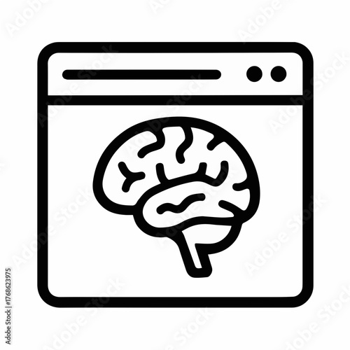Brain in Web Browser Line Icon: Outline icon showing a brain inside a browser window, symbolizing artificial intelligence, digital learning, and online creativity.