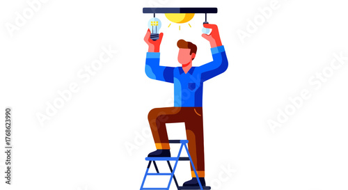 Electrical Repairman Changing Bulb on Ladder Under Dim Lighting for Electricity