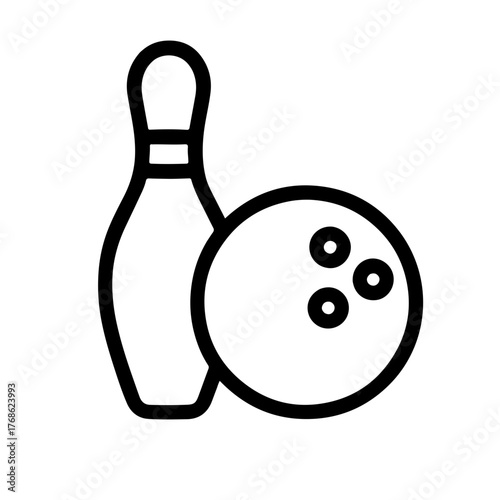 Bowling Ball and Pin Line Icon: Outline icon showing a bowling ball and pin, representing recreation, sports, and fun activities. Ideal for leisure and game designs.