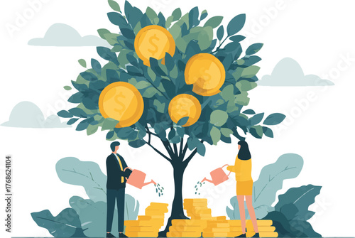 Two business people cultivate a money tree, one watering and the other pruning