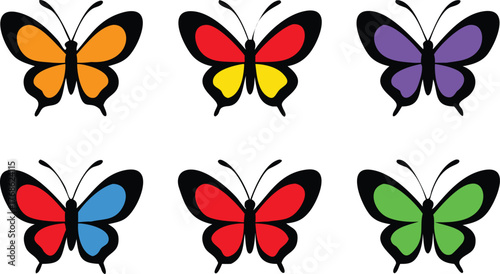 Six colorful cartoon butterflies on a white background