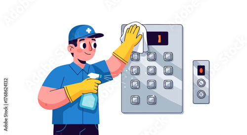 Elevator Sanitization: A Healthcare Worker Disinfecting Buttons For A Hygienic Environment
