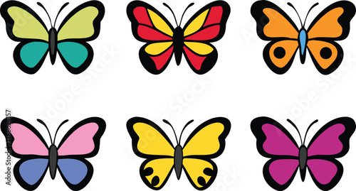 Six Colorful Cartoon Butterflies on White Background