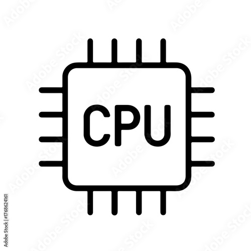 CPU Chip Outline Icon: Minimal black line icon showing a CPU chip, representing computing power, hardware, and digital technology. Ideal for engineering and tech visuals.