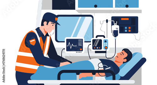 Emergency Medical Technician Assisting Patient Inside Ambulance in Digital Illustration