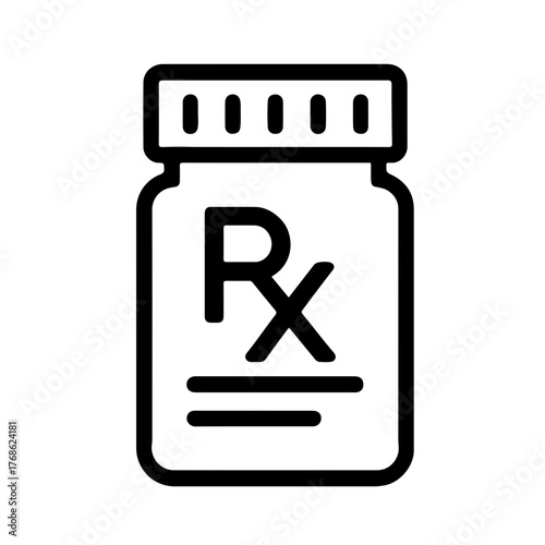 Prescription Medicine Bottle Icon: Simple outline of a prescription pill bottle labeled “Rx,” suitable for pharmacy, healthcare, and medical service illustrations.