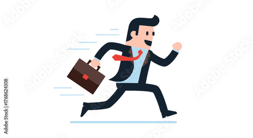 Energetic Businessman In A Suit Running Fast With Briefcase Against Black Background