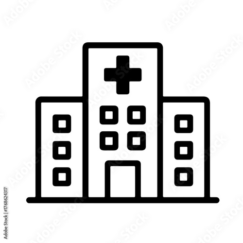 Hospital Building Line Icon: Simple black outline of a hospital building with a cross symbol. Perfect for healthcare apps, medical services, and health communication materials.