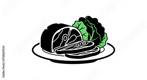 Corned beef and cabbage on a plate in a simple illustration style, black and white, food concept