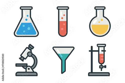 Colorful scientific lab equipment illustrations including flasks, test tube, microscope, funnel, and a burette for chemistry and biology experiments.
