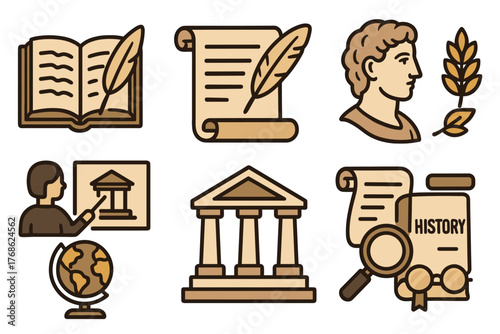 Set of educational and historical icons, including an open book, scrolls with quill pens, a male bust with laurel, a teacher with a classical building drawing, a globe, and a columned temple.