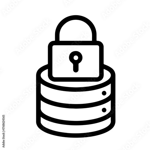 Secure Database Line Icon: Linear icon of a padlock on a database representing data protection, cybersecurity, and privacy.