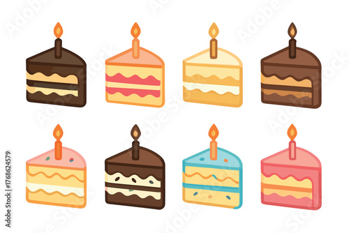 Eight illustrated slices of cake with varying flavors and colors, each topped with a lit candle, arranged in two rows.